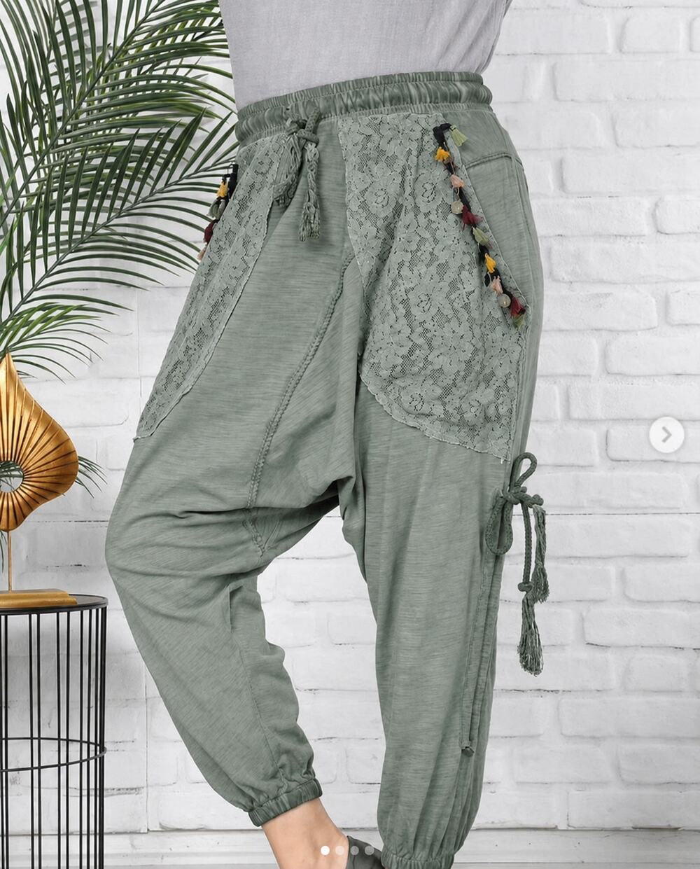 Boho Tassel Harem Pants S/M Olive Green Drop Crotch